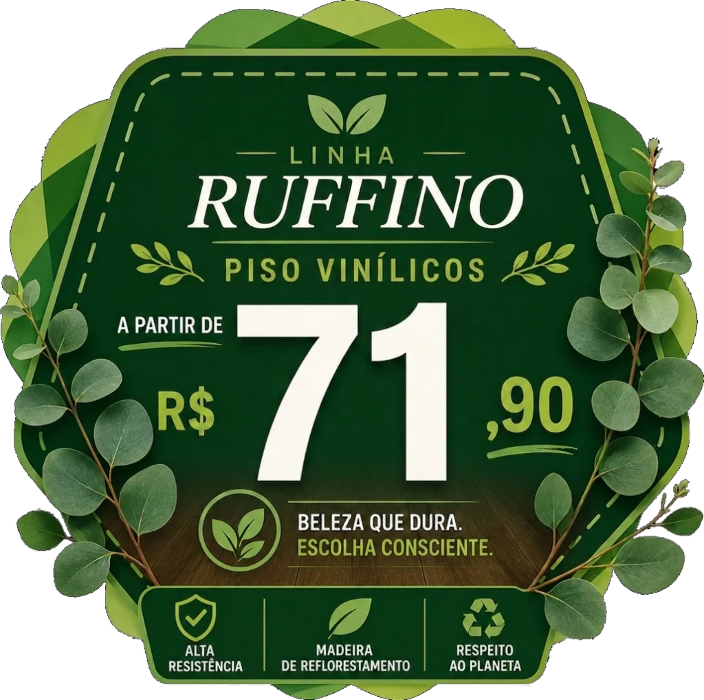 Label promoting Ruffino vinyl flooring, price starting at R,90, with eco icons and leafy border.
