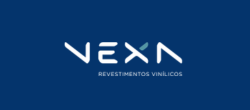 VEXA logo on a blue background with the slogan 'Revestimentos Vinílicos' underneath